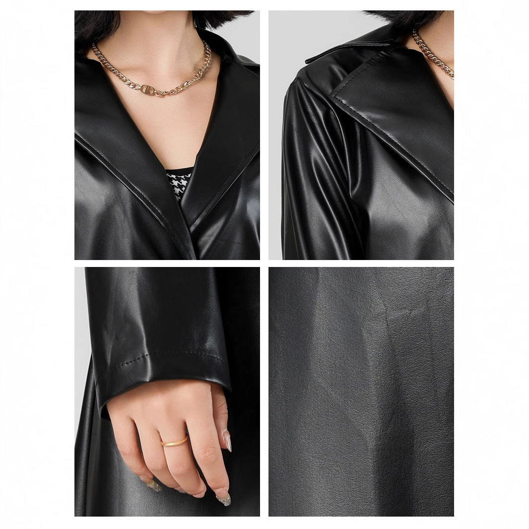 Image of 2024 elongated bathrobe, trench coat, spring and autumn anti-wrinkle fashion women's leather jacket, cross-border leather jacket, women's new customized hit